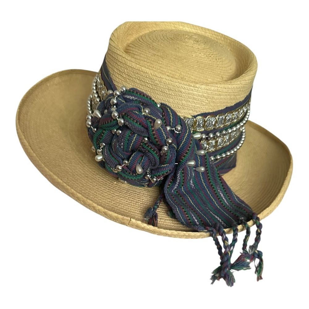 Vintage La Giralda Guatemalan Palm Leaf Hat Beaded Maya Folk Festival Boho Style - Picture 14 of 14
